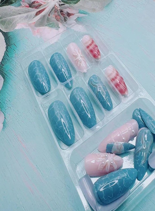 BSBTBZ Blue Ocean Press on Nails Medium Almond Fake Nails with 3D Starfish Design Summer Shell False Nails Acrylic Nails Glossy Full Cover Artificial Nails Stick on Nails Nails Pearls for Women Decor 24pcs - Image 5
